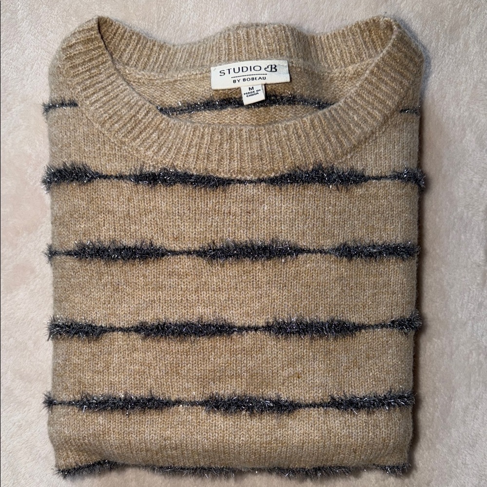 Studio B by Bobeau Tan Striped Sweater Eyelash Metallic Silver Trim Medium